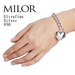 Milor UltraFine 950 Sterling Silver 8mm Ball Bead 8.25" Bracelet +Heart Charm